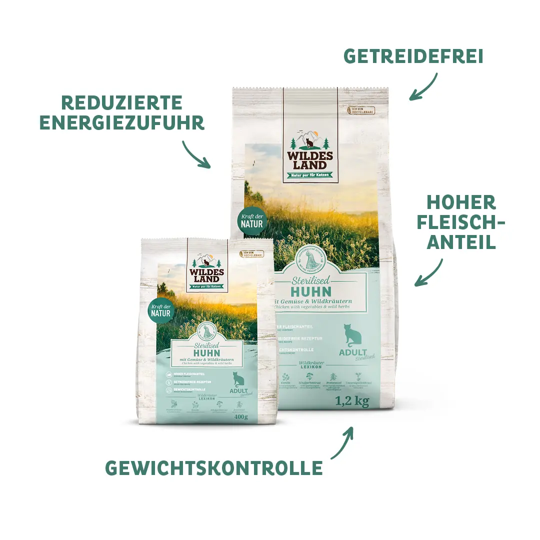 Produktdarstellung von  Wildes Land Sterilised für Katzen und die Vorteile des Produkts